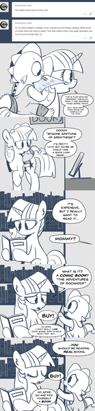 Size: 896x3867 | Tagged: safe, artist:mamatwilightsparkle, derpibooru import, spike, twilight sparkle, dragon, pony, unicorn, baby, baby spike, book, bookstore, checklist, comic, comic book, implied rockhoof, mama twilight, mama twilight sparkle, monochrome, ruby, tumblr, younger