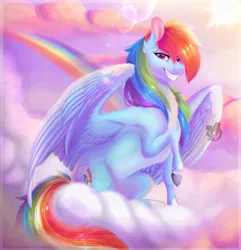 Size: 2520x2615 | Tagged: safe, artist:queendarkselis, derpibooru import, rainbow dash, pegasus, pony, chest fluff, cloud, coat markings, colored hooves, ear fluff, female, grin, high res, looking at you, mare, on a cloud, pale belly, rainbow, realistic horse legs, sitting, smiling, solo, spread wings, watermark, wings