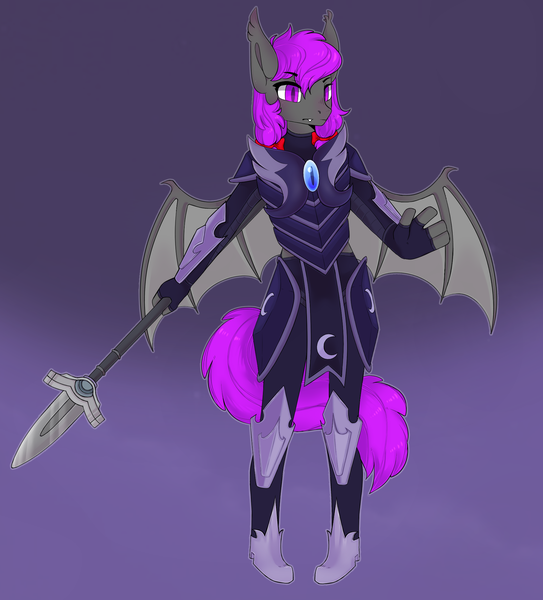 Size: 1900x2100 | Tagged: safe, artist:vert_glamis, derpibooru import, oc, oc:nocturnal grapes, unofficial characters only, anthro, bat pony, pony, armor, bat pony oc, bat wings, bow, clothes, fangs, female, guard, guardluna, lunar guard armour, night guard, shoes, slit eyes, solo, spear, weapon, wings