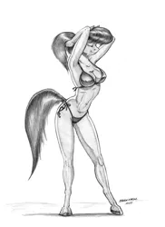 Size: 1000x1375 | Tagged: suggestive, artist:baron engel, derpibooru import, octavia melody, anthro, earth pony, unguligrade anthro, absolute cleavage, armpits, bikini, breasts, cleavage, clothes, erect nipples, eyes closed, female, grayscale, mare, monochrome, nipple outline, pencil drawing, side-tie bikini, simple background, solo, solo female, story included, stupid sexy octavia, swimsuit, traditional art, white background