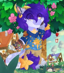Size: 3756x4252 | Tagged: safe, artist:drawtheuniverse, derpibooru import, oc, oc:galaxytrail, unofficial characters only, anthro, animal crossing, balloon, clothes, house, present, tree