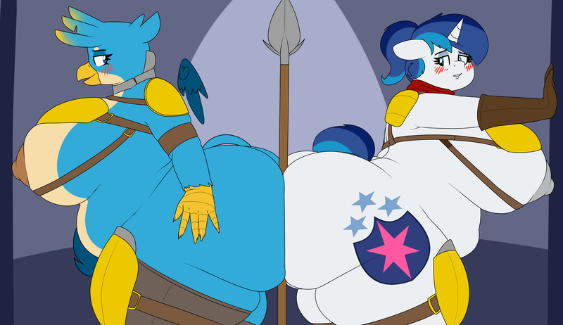 Size: 4500x2600 | Tagged: questionable, artist:coatieyay, derpibooru import, gallus, shining armor, anthro, gryphon, unicorn, areola, big areola, big breasts, blushing, breasts, busty gallina, busty gleaming shield, butt, butt touch, chubby, chubby armor, duo, duo female, fat, female, flabbus, floating wings, gallarmor, gallina, gallinashield, gleaming shield, huge breasts, huge butt, large butt, lesbian, nipples, nudity, ponytail, rule 63, spear, thighs, thunder thighs, useless clothing, weapon, wings