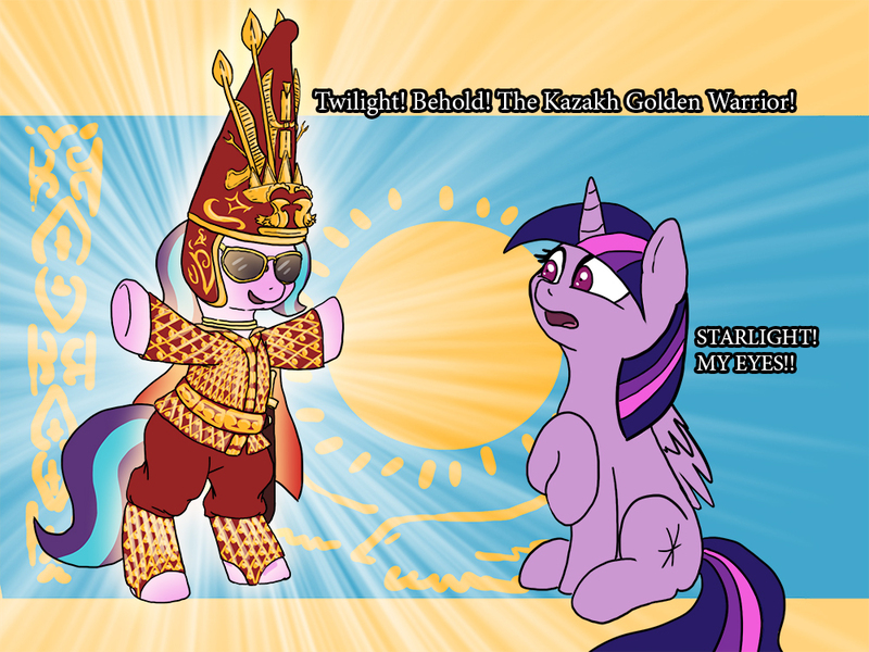 Size: 1000x750 | Tagged: alicorn, armor, artist:slamjam, bipedal, derpibooru import, gold, golden warrior, historical roleplay starlight, kazakhstan, safe, scythian, starlight glimmer, text, t pose, twilight sparkle, twilight sparkle (alicorn)