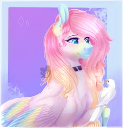 Size: 2520x2615 | Tagged: safe, artist:queendarkselis, derpibooru import, oc, oc:luvya, unofficial characters only, bird, pegasus, pony, art trade, blue eyes, chest fluff, choker, ear fluff, female, folded wings, high res, looking at something, mare, pink hair, pink mane, smiling, solo, two toned wings, watermark, wings