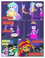 Size: 612x792 | Tagged: safe, artist:greatdinn, artist:newbiespud, derpibooru import, edit, edited screencap, screencap, princess celestia, princess luna, snails, snips, spike, sunset shimmer, twilight sparkle, dog, comic:friendship is dragons, equestria girls, equestria girls (movie), angry, big crown thingy, box, clothes, collar, comic, dialogue, dress, element of magic, eyelashes, female, hat, jewelry, looking back, male, onomatopoeia, principle celestia, regalia, screencap comic, smiling, spike the dog, spiked collar, top hat, vice principal luna