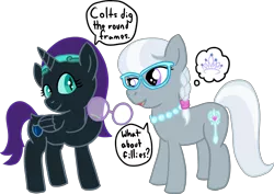 Size: 3873x2736 | Tagged: safe, alternate version, artist:poniidesu, derpibooru import, silver spoon, oc, oc:nyx, alicorn, earth pony, pony, alicorn oc, braid, female, filly, glasses, horn, implied lesbian, implied shipping, implied silvertiara, jewelry, necklace, pearl necklace, simple background, transparent background, wings
