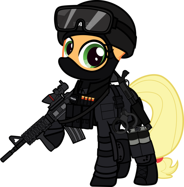 Size: 6000x6109 | Tagged: safe, alternate version, artist:n0kkun, derpibooru import, part of a set, applejack, earth pony, pony, armor, balaclava, belt, boots, bullet, clothes, commission, cuffs, elbow pads, female, gloves, goggles, grenade, gun, helmet, knee pads, m4a1, mare, mask, pants, police, pouch, ppe, raised hoof, remington 870, shoes, shotgun, shotgun shell, simple background, smoke bomb, solo, swat, transparent background, united states, weapon