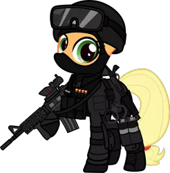 Size: 6000x6109 | Tagged: safe, alternate version, artist:n0kkun, derpibooru import, part of a set, applejack, earth pony, pony, armor, balaclava, belt, boots, bullet, clothes, commission, cuffs, elbow pads, female, gloves, goggles, grenade, gun, helmet, knee pads, m4a1, mare, mask, pants, police, pouch, ppe, raised hoof, remington 870, shoes, shotgun, shotgun shell, simple background, smoke bomb, solo, swat, transparent background, united states, weapon