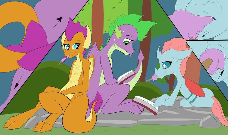 Size: 1280x762 | Tagged: artist:techgear, book, changeling, comic, comic:keep your cool, derpibooru import, dragon, female, food, lidded eyes, looking back, looking over shoulder, male, ocellus, popsicle, shipping, smolder, spike, spikellus, spolder, straight, suggestive, suggestive eating, sweat, teasing