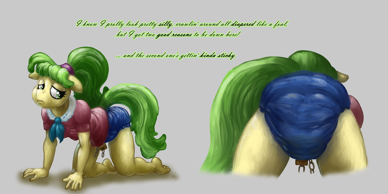 Size: 13013x6500 | Tagged: all fours, anthro, artist:smudge proof, barefoot, breasts, bulging, chickadee, clothes, commission, crawling, cursive writing, cute, derpibooru import, dialogue, diaper, diaper bondage, diaper cover, diapered, diaper fetish, diaper slave, diaper training, feet, female, femsub, fetish, gray background, lock, locked, looking back, messy diaper, ms. peachbottom, no pants, offscreen character, on the floor, padlock, pinned ears, plantigrade anthro, poop, pouty, questionable, rubber pants, sad, script, sequel, simple background, solo, submission, submissive, this is your new life, unpotty training, unpotty training pants, urine, wet, wet diaper