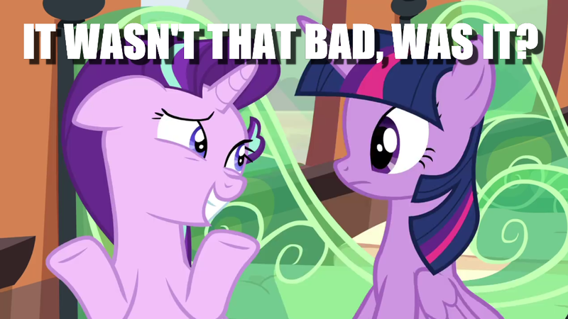 Size: 1000x563 | Tagged: alicorn, caption, cropped, derpibooru import, edit, edited screencap, image macro, question, safe, screencap, shrug, starlight glimmer, text, the crystalling, train, twilight sparkle, twilight sparkle (alicorn)