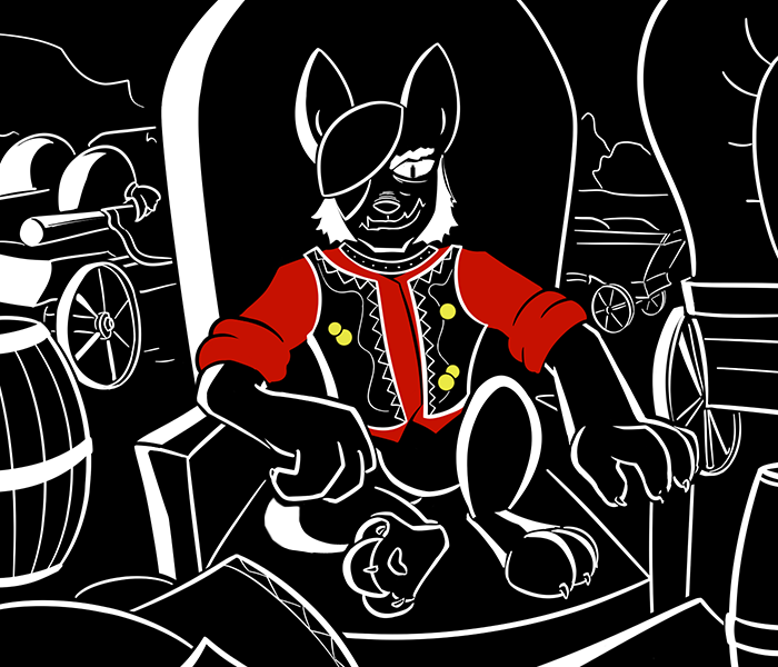 Size: 700x600 | Tagged: artist:sirvalter, barrel, black and white, chair, clothes, derpibooru import, diamond dog, diamond dog oc, fanfic, fanfic art, fanfic:steyblridge chronicle, grayscale, illustration, male, monochrome, neo noir, oc, oc:baron wolf, one eyed, outdoors, partial color, research institute, safe, sitting, solo, testing area, test site, unofficial characters only