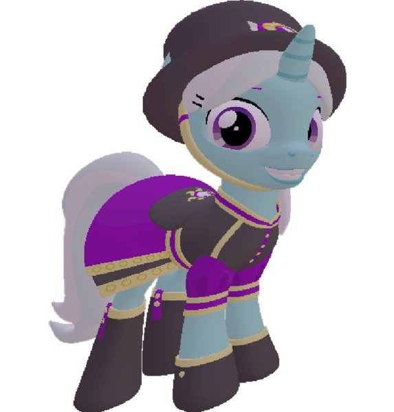 Size: 687x720 | Tagged: safe, artist:topsangtheman, derpibooru import, cornetta, pony, unicorn, 3d, clothes, grin, hat, looking at you, simple background, smiling, source filmmaker, transparent background, uniform