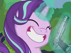 Size: 763x569 | Tagged: safe, derpibooru import, edit, edited screencap, screencap, starlight glimmer, pony, unicorn, memnagerie, spoiler:memnagerie, spoiler:mlp friendship is forever, cropped, cute, delet this, eyes closed, female, glimmerbetes, glowing horn, gun, handgun, horn, magic, mare, simple background, smiling, solo, telekinesis, this will end in communism, this will end in gulag, weapon