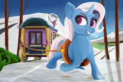 Size: 1200x800 | Tagged: safe, artist:scarlet wayfarer, derpibooru import, trixie, pony, unicorn, female, mare, pulling, road, snow, solo, trixie's wagon