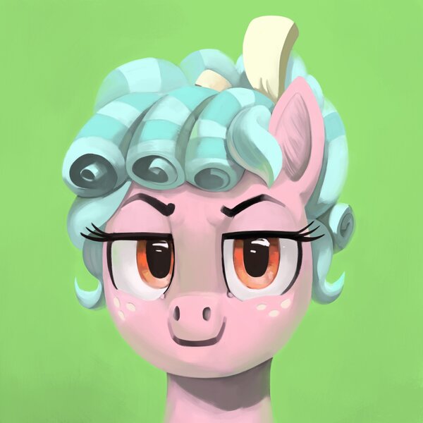 Size: 3500x3500 | Tagged: safe, artist:toisanemoif, banned from derpibooru, deleted from derpibooru, derpibooru import, cozy glow, pony, bust, green background, high res, image, jpeg, looking at you, portrait, simple background, solo
