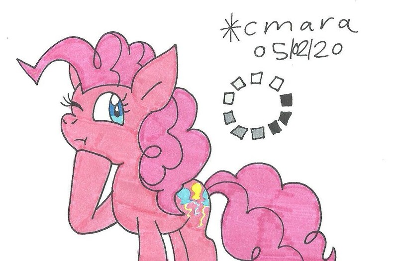 Size: 1042x684 | Tagged: safe, artist:cmara, derpibooru import, pinkie pie, earth pony, pony, female, mare, one eye closed, raised hoof, solo, thinking, traditional art