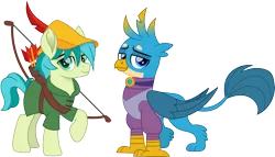 Size: 2621x1500 | Tagged: safe, artist:cloudyglow, derpibooru import, gallus, sandbar, earth pony, gryphon, pony, arrow, bow (weapon), bow and arrow, clothes, cosplay, costume, crossover, cute, disney, feather, femboy, gallabetes, gallbar, gay, hat, looking at you, maid marian, male, movie accurate, raised hoof, robin hood, sandabetes, shipping, simple background, stallion, transparent background, trap, weapon