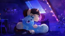 Size: 5000x2773 | Tagged: source needed, safe, artist:rish--loo, derpibooru import, oc, oc:eternal light, unofficial characters only, alicorn, unicorn, alicorn oc, bed, bedroom, blue eyes, book, carpet, chair, cuddling, detailed background, dresser, female, holding, horn, lights, looking at each other, makeup, male, mare, mirror, on floor, pillow, plant, plant pot, ponytail, purple eyes, shelf, smiling, stallion, tree, two toned mane, two toned tail, unicorn oc, wings