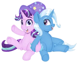 Size: 4096x3260 | Tagged: safe, artist:partylikeanartist, derpibooru import, starlight glimmer, trixie, pony, unicorn, absurd resolution, back to back, belly button, clothes, couple, cute, diatrixes, female, hat, lesbian, looking at you, simple background, sitting, starlight wearing trixie's hat, transparent background, trixie's hat, wingding eyes