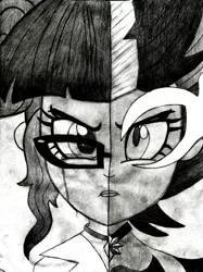 Size: 1275x1707 | Tagged: safe, artist:abstracted_vhs, artist:wubcakeva, derpibooru import, sci-twi, twilight sparkle, equestria girls, alternate universe, audio drama, black and white, crying, duality, grayscale, midnight sparkle, monochrome, pencil drawing, sad, split screen, traditional art, two sides