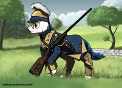 Size: 2450x1750 | Tagged: safe, artist:asktheguardponies, artist:guard-mod, derpibooru import, oc, earth pony, anachronism, clothes, earth pony oc, glasses, gun, helmet, military, revolutionary war, scenery, sharps 1874, sword, uniform, war, weapon