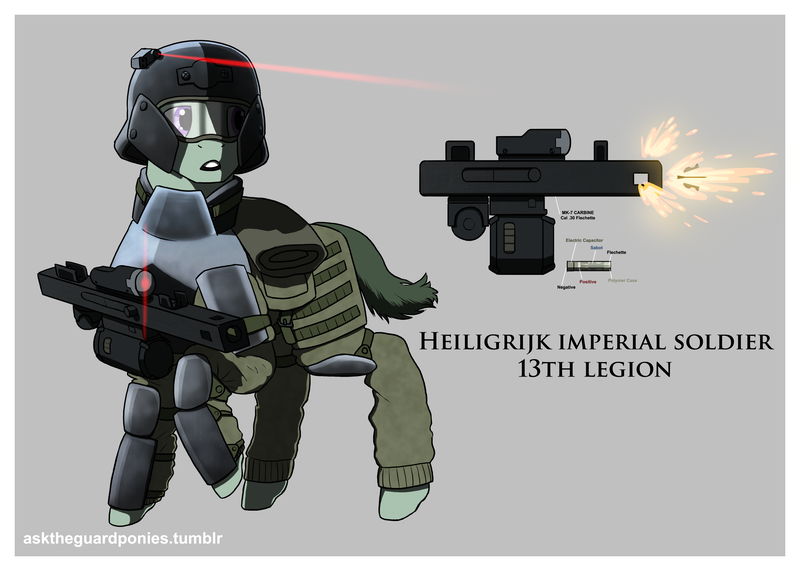 Size: 4900x3500 | Tagged: safe, artist:asktheguardponies, artist:guard-mod, derpibooru import, oc, earth pony, armor, clothes, earth pony oc, goggles, gun, helmet, laser, laser pointer, military, rifle, simple background, uniform, weapon