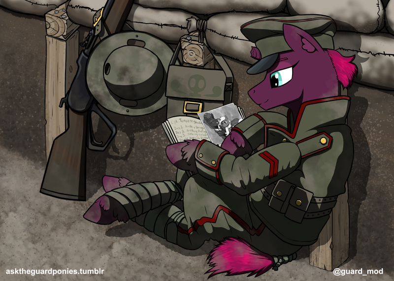 Size: 2450x1750 | Tagged: safe, artist:asktheguardponies, artist:guard-mod, derpibooru import, tempest shadow, unicorn, book, cap, clothes, commission, gun, hat, helmet, military, rifle, sandbags, trench, uniform, war, weapon, world war i