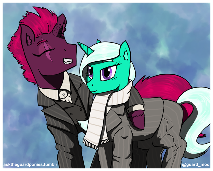 Size: 1750x1400 | Tagged: safe, artist:asktheguardponies, artist:guard-mod, derpibooru import, glitter drops, tempest shadow, unicorn, clothes, hug, necktie, scarf, simple background, smiling, suit, three piece suit, vest