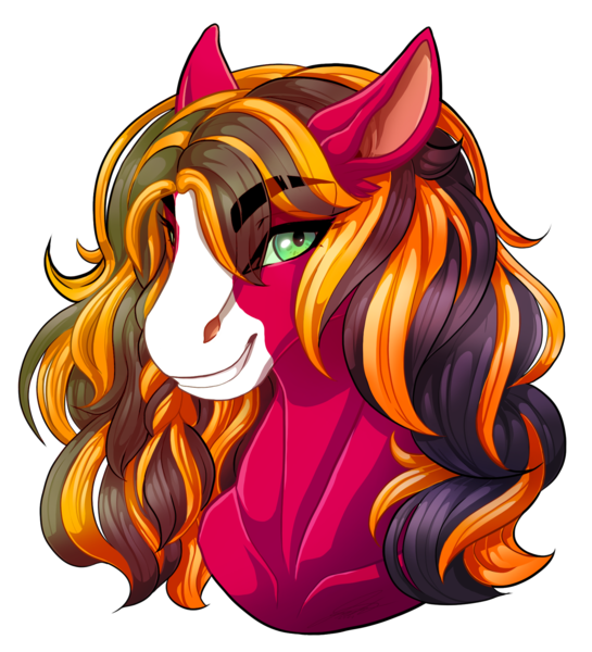 Size: 1662x1830 | Tagged: safe, artist:inkumiester, derpibooru import, oc, oc:red baroness, unofficial characters only, earth pony, pony, blaze (coat marking), bust, eyebrows visible through hair, female, gift art, looking at you, mare, offspring, parent:big macintosh, parent:coloratura, parents:raramac, simple background, solo, transparent background