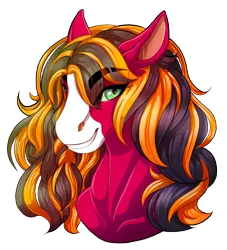 Size: 1662x1830 | Tagged: safe, artist:inkumiester, derpibooru import, oc, oc:red baroness, unofficial characters only, earth pony, pony, blaze (coat marking), bust, eyebrows visible through hair, female, gift art, looking at you, mare, offspring, parent:big macintosh, parent:coloratura, parents:raramac, simple background, solo, transparent background