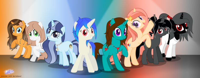 Size: 1280x502 | Tagged: safe, artist:starflighmlp, derpibooru import, oc, oc:beachcomber, oc:blissful trance, oc:ebony darkness, oc:healing touch, oc:nurse hypno heart, oc:shadow dancer, oc:spiral swirl, oc:tranquil paradise, unicorn, group shot, karate gi, stethoscope