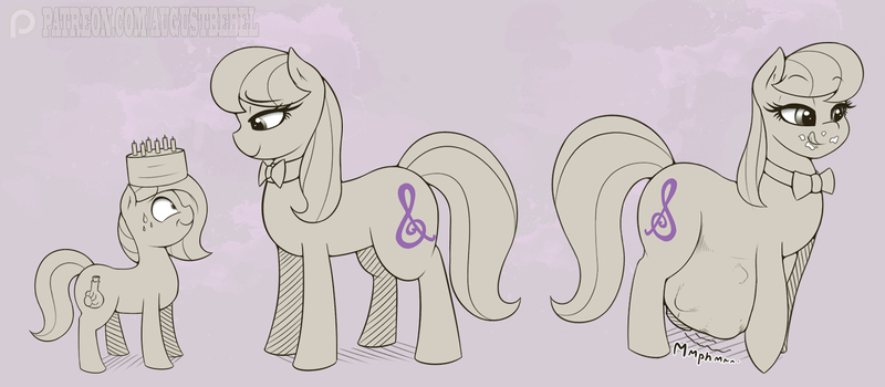 Size: 1500x656 | Tagged: questionable, artist:augustbebel, derpibooru import, octavia melody, pony, belly, birthday, birthday cake, cake, endosoma, female, filly, filly prey, foal, food, grin, mare, mare pred, mare predator, nervous, nervous grin, predtavia, size difference, smiling, sweat, vore