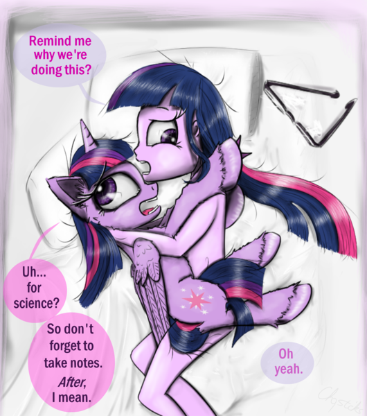 Size: 1850x2093 | Tagged: suggestive, artist:chopsticks, derpibooru import, sci-twi, twilight sparkle, twilight sparkle (alicorn), alicorn, pony, equestria girls, adorkable, bed, cheek fluff, cute, dialogue, dork, ear fluff, female, for science, glasses, hoof fluff, interspecies, lesbian, mare, pillow, self ponidox, selfcest, shipping, strategically covered, text, twitwi, twolight