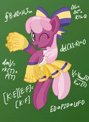 Size: 1398x1900 | Tagged: safe, artist:notadeliciouspotato, derpibooru import, cheerilee, earth pony, pony, bow, chalkboard, cheeribetes, cheerileeder, cheerleader, cheerleader outfit, clothes, cute, female, gradient background, mare, math, one eye closed, open mouth, pleated skirt, pom pom, skirt, smiling, solo, teacher, wink