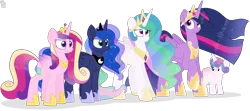 Size: 3500x1560 | Tagged: safe, artist:rainbow eevee, derpibooru import, princess cadance, princess celestia, princess flurry heart, princess luna, princess twilight 2.0, twilight sparkle, twilight sparkle (alicorn), alicorn, pony, the last problem, baby, crown, female, folded wings, grin, jewelry, lidded eyes, older, older twilight, raised hoof, regalia, simple background, size comparison, size difference, smiling, smirk, transparent background, wings