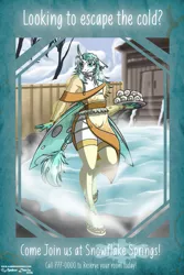 Size: 853x1280 | Tagged: anthro, armpits, artist:sonicsweeti, changeling, changeling oc, clothes, commission, derpibooru import, digital art, fangs, femboy, food, horn, hot springs, ice changeling, kimono (clothing), male, oc, oc:seppen, snow, solo, solo male, suggestive, tail, unguligrade anthro, wings