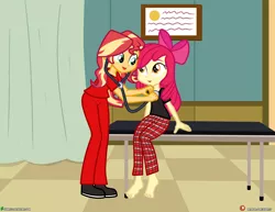 Size: 4000x3090 | Tagged: safe, artist:dieart77, derpibooru import, apple bloom, sunset shimmer, equestria girls, apple bloom's bow, barefoot, bow, clothes, commission, doctor's office, feet, hair bow, nurse, nurse shimmer, open mouth, pants, scrubs, shoes, sitting, stethoscope, table