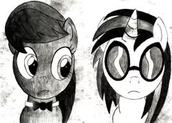 Size: 2388x1717 | Tagged: safe, artist:abstracted_vhs, derpibooru import, octavia melody, vinyl scratch, earth pony, pony, unicorn, duo, grayscale, monochrome, pencil drawing, traditional art