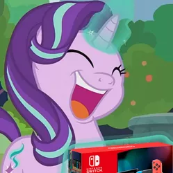 Size: 736x740 | Tagged: safe, derpibooru import, edit, edited screencap, screencap, starlight glimmer, pony, unicorn, memnagerie, spoiler:memnagerie, spoiler:mlp friendship is forever, cropped, glowing horn, horn, nintendo switch, open mouth, solo