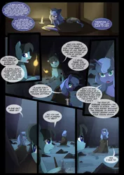 Size: 1240x1754 | Tagged: safe, artist:lunarcakez, derpibooru import, princess luna, oc, alicorn, earth pony, pony, comic:the origins of hollow shades, candle, cloak, clothes, comic, male, s1 luna, solo, stallion, torch