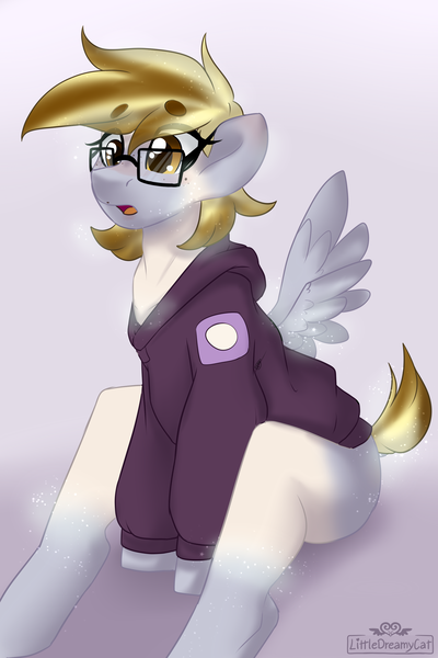 Size: 2000x3000 | Tagged: safe, artist:dreamy, artist:littledreamycat, derpibooru import, derpy hooves, human, pegasus, pony, art trade, clothes, hoodie, human to pony, transformation