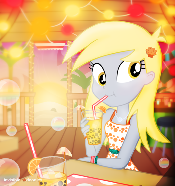 Size: 2005x2132 | Tagged: safe, artist:invisibleink, derpibooru import, derpy hooves, equestria girls, beach, beverage, bracelet, bubble, bubble tea, clothes, cute, derpabetes, dress, drinking straw, female, food, high res, jewelry, palm tree, show accurate, sleeveless, smiling, solo, sunset, tea, tree