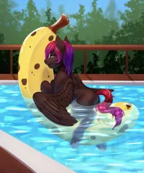 Size: 2500x3000 | Tagged: artist:jessicanyuchi, banana, banana boat, derpibooru import, ear piercing, earring, floaty, food, inflatable, inflatable toy, jewelry, male, oc, oc:shaded star, pegasus, pegasus oc, piercing, pool toy, solo, solo male, stallion, suggestive, wet, wet mane, wet tail, wings