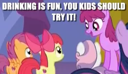 Size: 373x217 | Tagged: safe, derpibooru import, edit, edited screencap, screencap, apple bloom, berry punch, berryshine, scootaloo, sweetie belle, twilight sparkle, twilight sparkle (alicorn), alicorn, earth pony, pegasus, pony, unicorn, celestial advice, bad advice, bad influence, caption, cutie mark crusaders, female, filly, image macro, mare, text