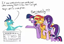 Size: 2000x1400 | Tagged: safe, artist:rocket-lawnchair, derpibooru import, princess ember, starlight glimmer, sunset shimmer, twilight sparkle, twilight sparkle (alicorn), alicorn, dragon, pony, breaking the fourth wall, contest, counterparts, exclamation point, interrobang, moments before disaster, pony racism, question mark, smiling, squatpony, sunset shimmer is not amused, twiggie, twilight's counterparts, unamused