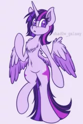 Size: 1000x1500 | Tagged: safe, artist:shad0w-galaxy, derpibooru import, twilight sparkle, twilight sparkle (alicorn), alicorn, pony, belly button, bipedal, chest fluff, female, mare, open mouth, simple background, spread wings, text, wings