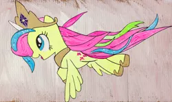 Size: 1200x717 | Tagged: safe, artist:aquilateagle, derpibooru import, fluttershy, pegasus, pony, clothes, cosplay, costume, crown, fake horn, female, flying, happy, jewelry, mare, open mouth, profile, regalia, shylestia, solo, spread wings, traditional art, wings