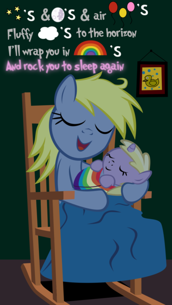 Size: 900x1600 | Tagged: safe, artist:magerblutooth, derpibooru import, derpy hooves, dinky hooves, bird, duck, pegasus, pony, unicorn, balloon, blanket, cloud, cute, derpabetes, derpy's lullaby, dinkabetes, equestria's best daughter, equestria's best mother, eyes closed, female, headcanon, holding a pony, lullaby, lyrics, messy mane, moon, pictogram, picture frame, rainbow, rocking chair, sleeping, song reference, stars, text, wholesome