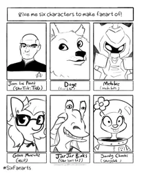 Size: 1280x1529 | Tagged: safe, artist:tjpones, derpibooru import, grace manewitz, anthro, dog, earth pony, human, pony, robot, squirrel, six fanarts, anthro with ponies, bust, clothes, crossover, doge, female, frown, glasses, jar jar binks, jean-luc picard, lineart, male, mare, medabots, metabee, monochrome, sandy cheeks, smiling, space helmet, spongebob squarepants, star trek, star trek: the next generation, star wars